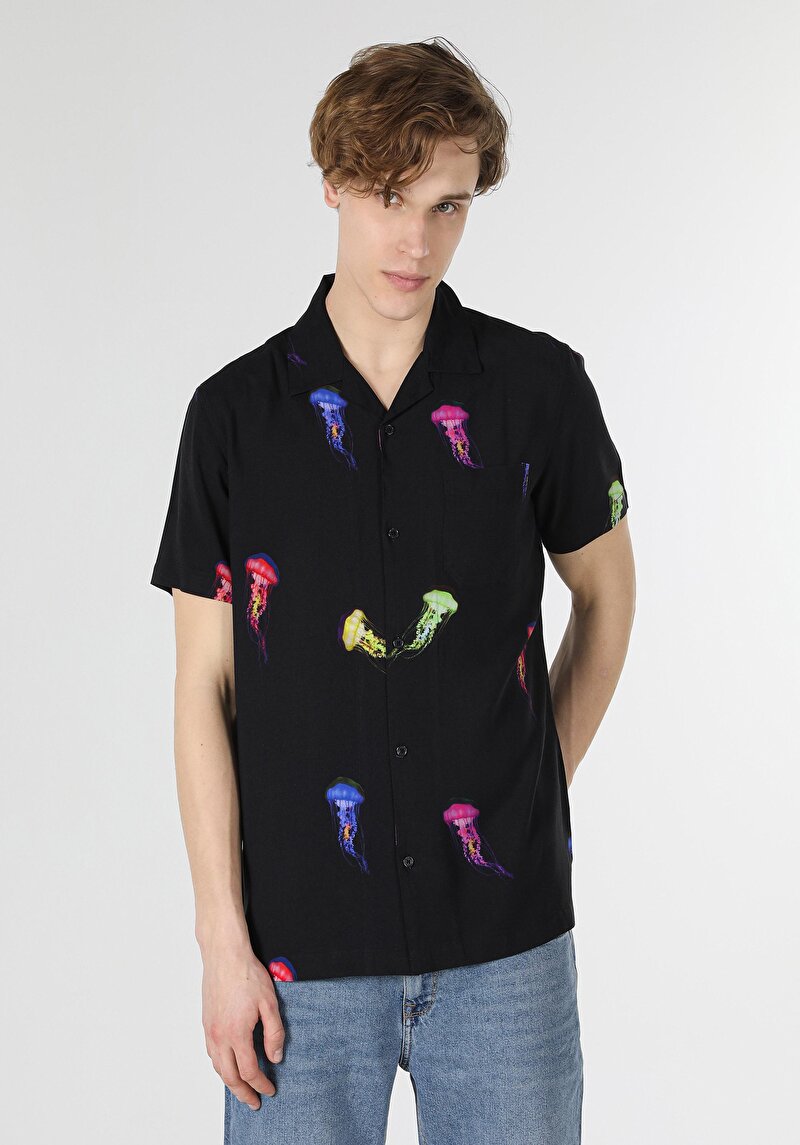 Regular Fit Viskoz Shirt Neck Baskılı Erkek Siyah Kısa Kol Gömlek