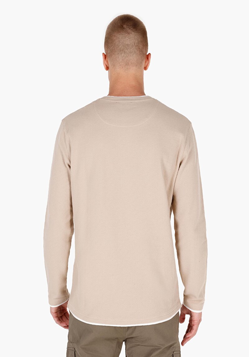 Regular Fit Yuvarlak Yaka Düz Erkek Bej Uzun Kol Pamuklu Tişört