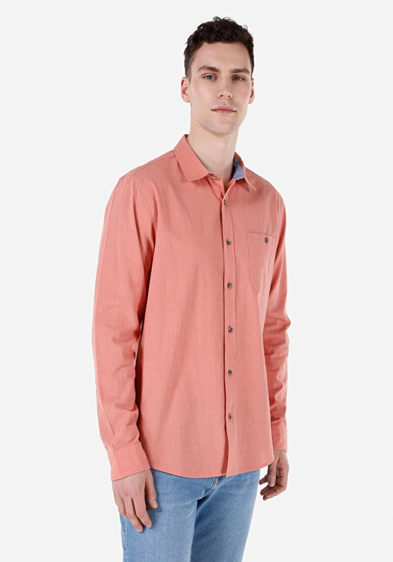 Regular Fit Shirt Neck Düz Erkek Kirmizi Uzun Kol Gömlek