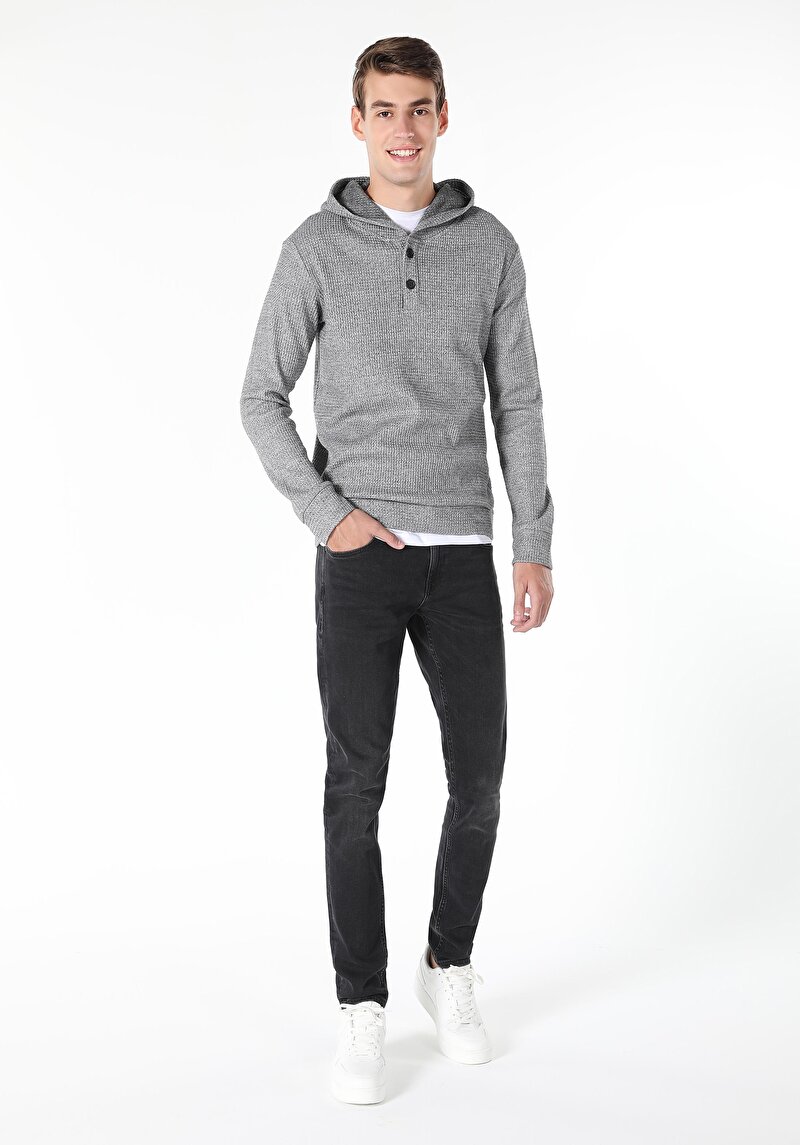 Regular Fit Kapüşonlu Jakarlı Erkek Gri Uzun Kol Tişört