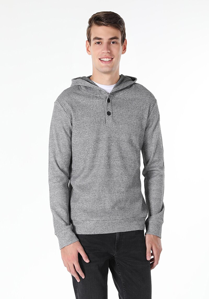 Regular Fit Kapüşonlu Jakarlı Erkek Gri Uzun Kol Tişört
