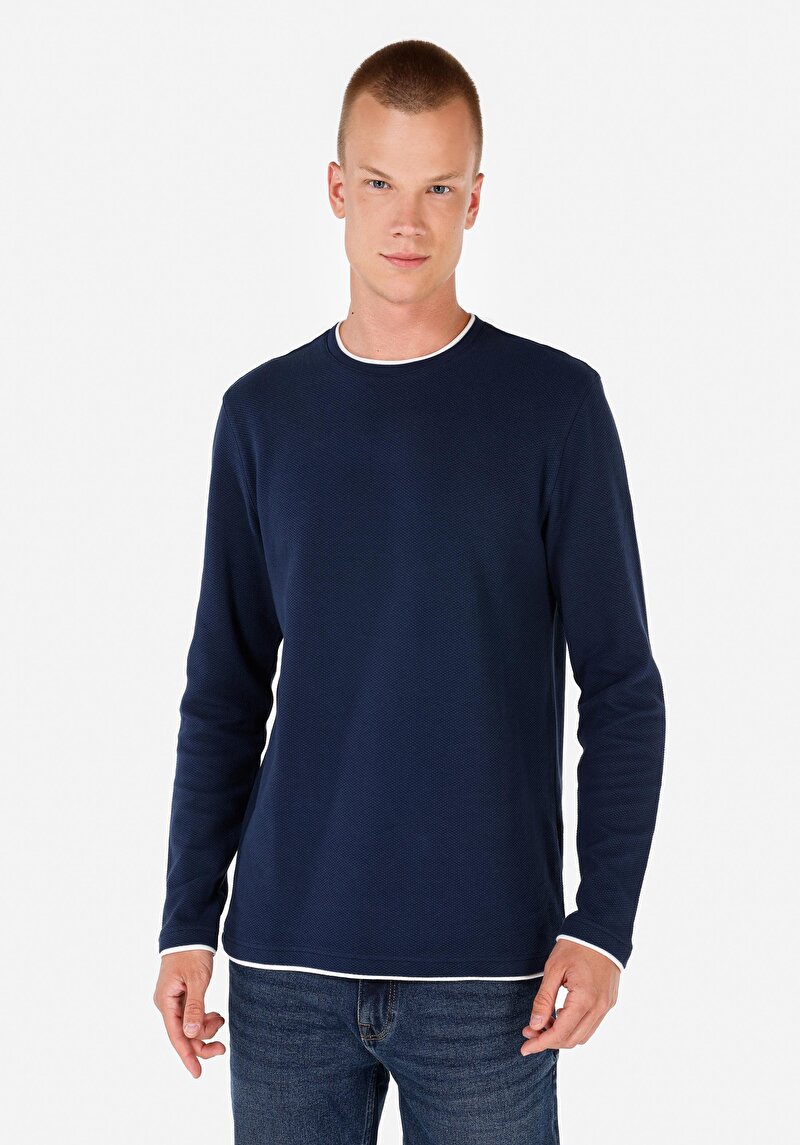 Regular Fit Yuvarlak Yaka Düz Erkek Lacivert Uzun Kol Tişört