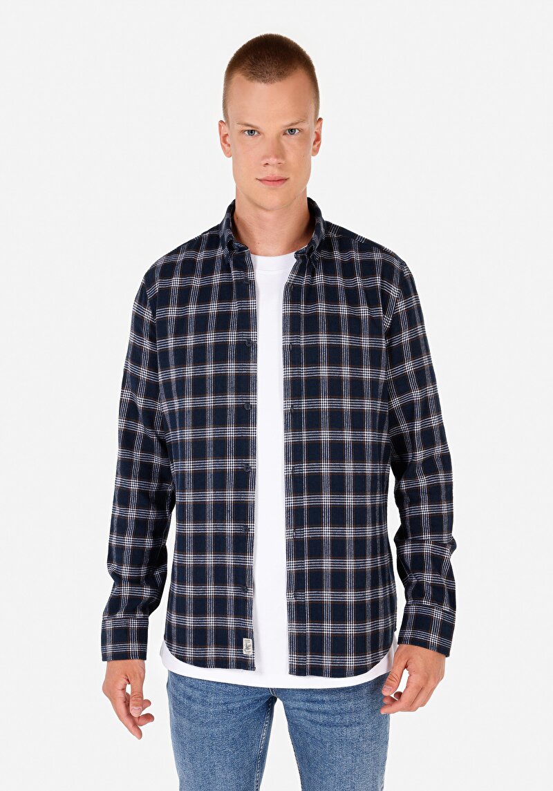 Slim Fit Shirt Neck Pamuklu Ekoseli Erkek Lacivert Uzun Kol Gömlek