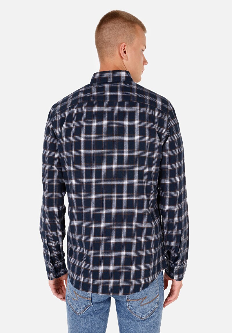 Slim Fit Shirt Neck Ekoseli Erkek Lacivert Uzun Kol Gömlek
