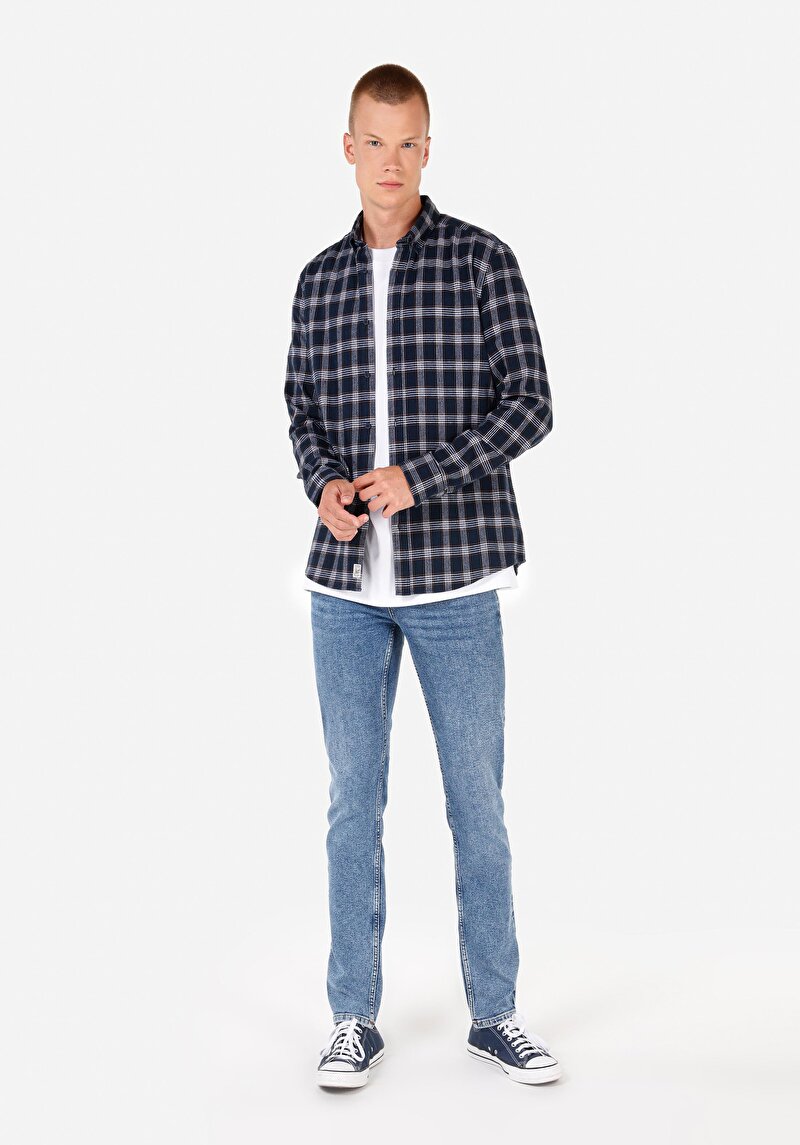 Slim Fit Shirt Neck Ekoseli Erkek Lacivert Uzun Kol Gömlek