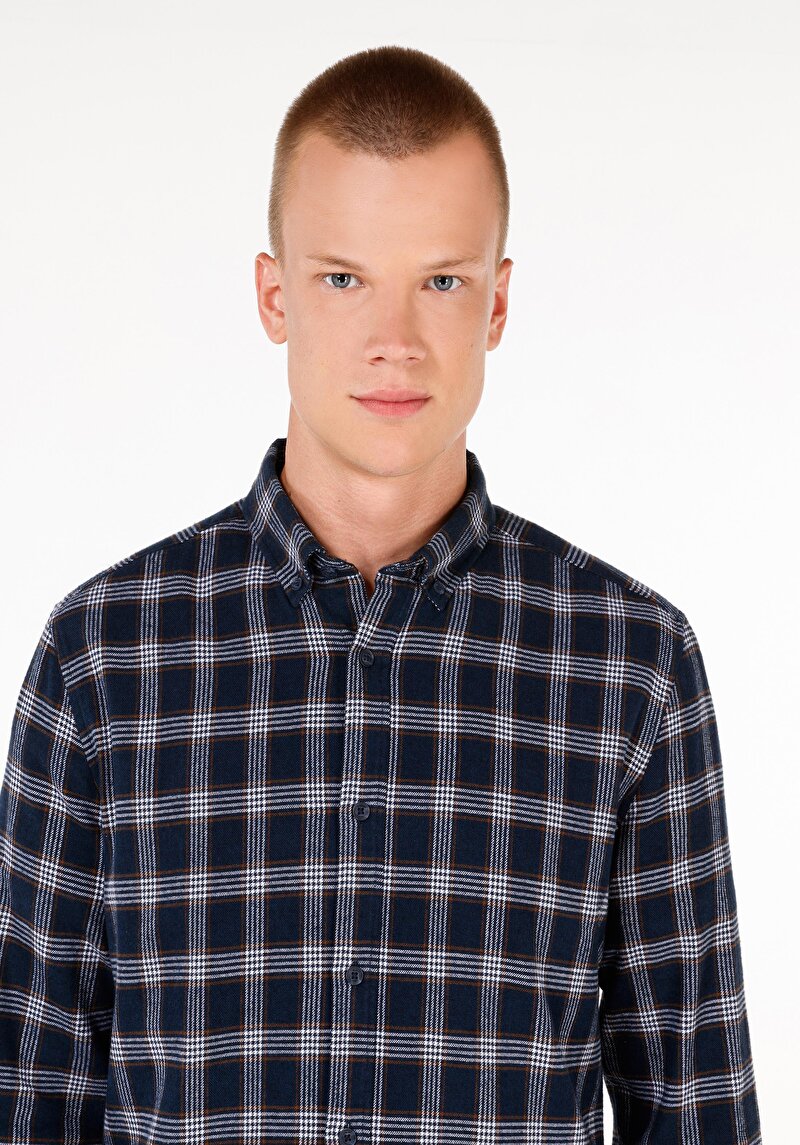Slim Fit Shirt Neck Ekoseli Erkek Lacivert Uzun Kol Gömlek