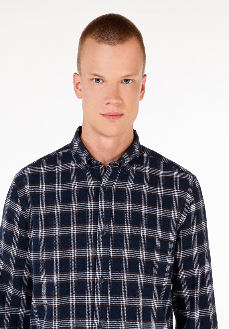 Slim Fit Shirt Neck Pamuklu Ekoseli Erkek Lacivert Uzun Kol Gömlek
