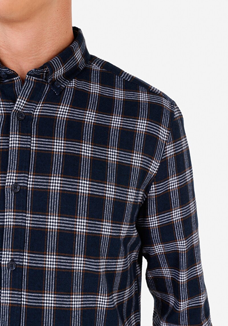 Slim Fit Shirt Neck Ekoseli Erkek Lacivert Uzun Kol Gömlek