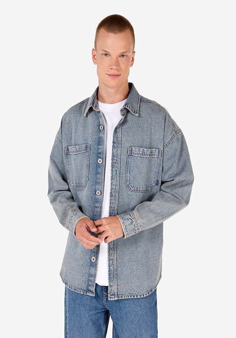 Oversize Fit Klasik Yaka Erkek Mavi Uzun Kol Gömlek
