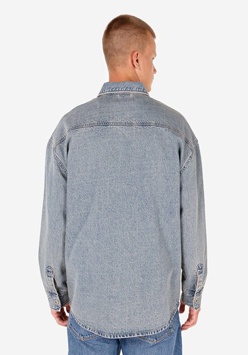 Oversize Fit Klasik Yaka  Erkek Mavi Uzun Kol Gömlek