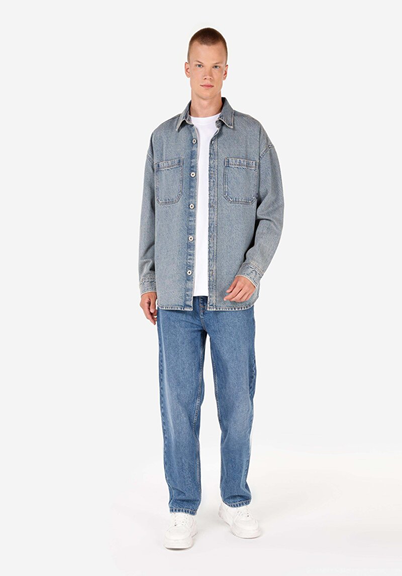 Oversize Fit Klasik Yaka  Erkek Mavi Uzun Kol Gömlek