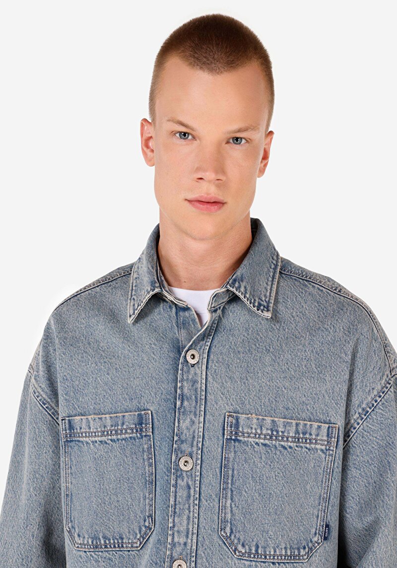 Oversize Fit Klasik Yaka  Erkek Mavi Uzun Kol Gömlek
