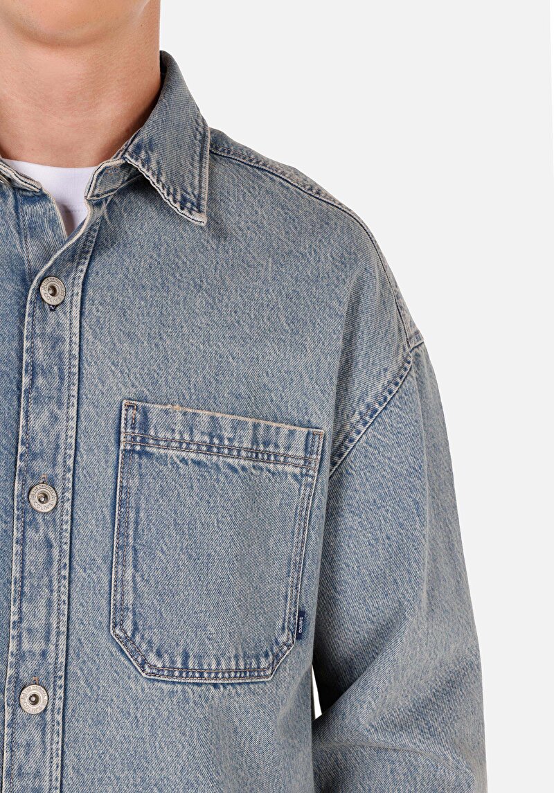 Oversize Fit Klasik Yaka  Erkek Mavi Uzun Kol Gömlek