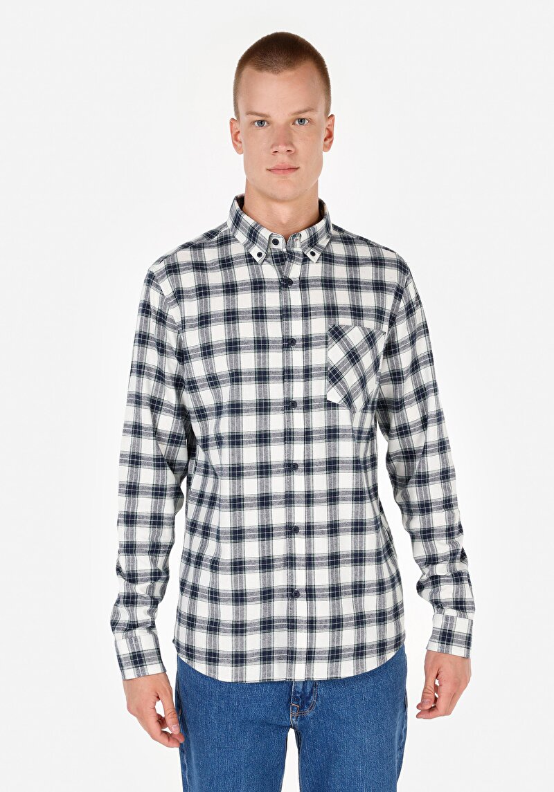 Slim Fit Klasik Yaka Ekoseli Erkek Lacivert Uzun Kol Gömlek