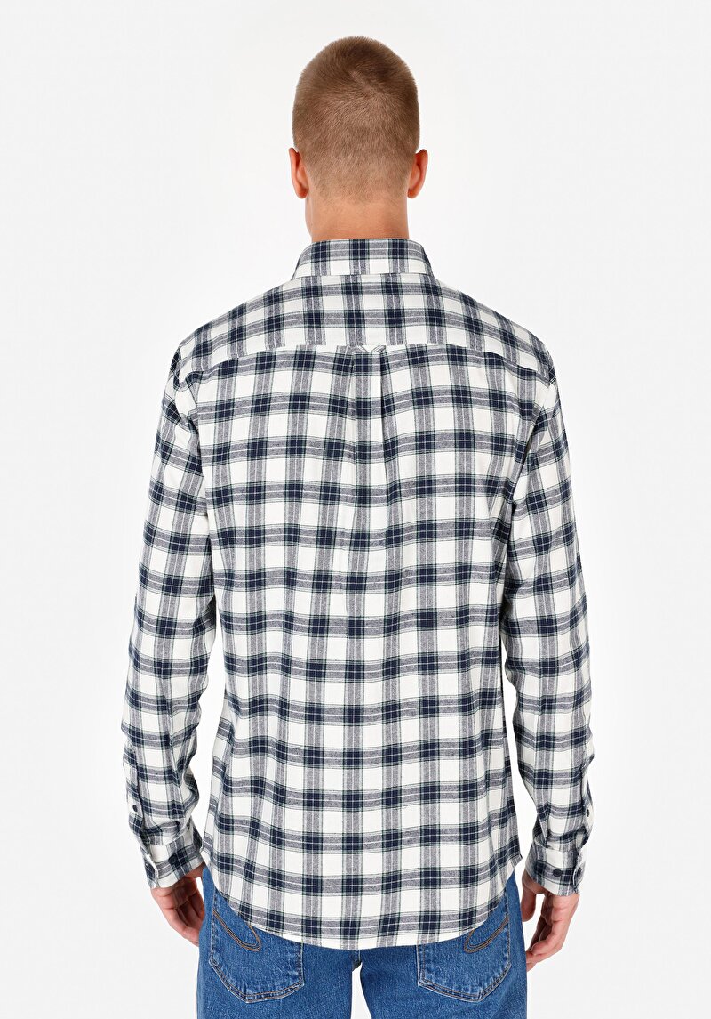 Slim Fit Klasik Yaka Ekoseli Erkek Lacivert Uzun Kol Gömlek