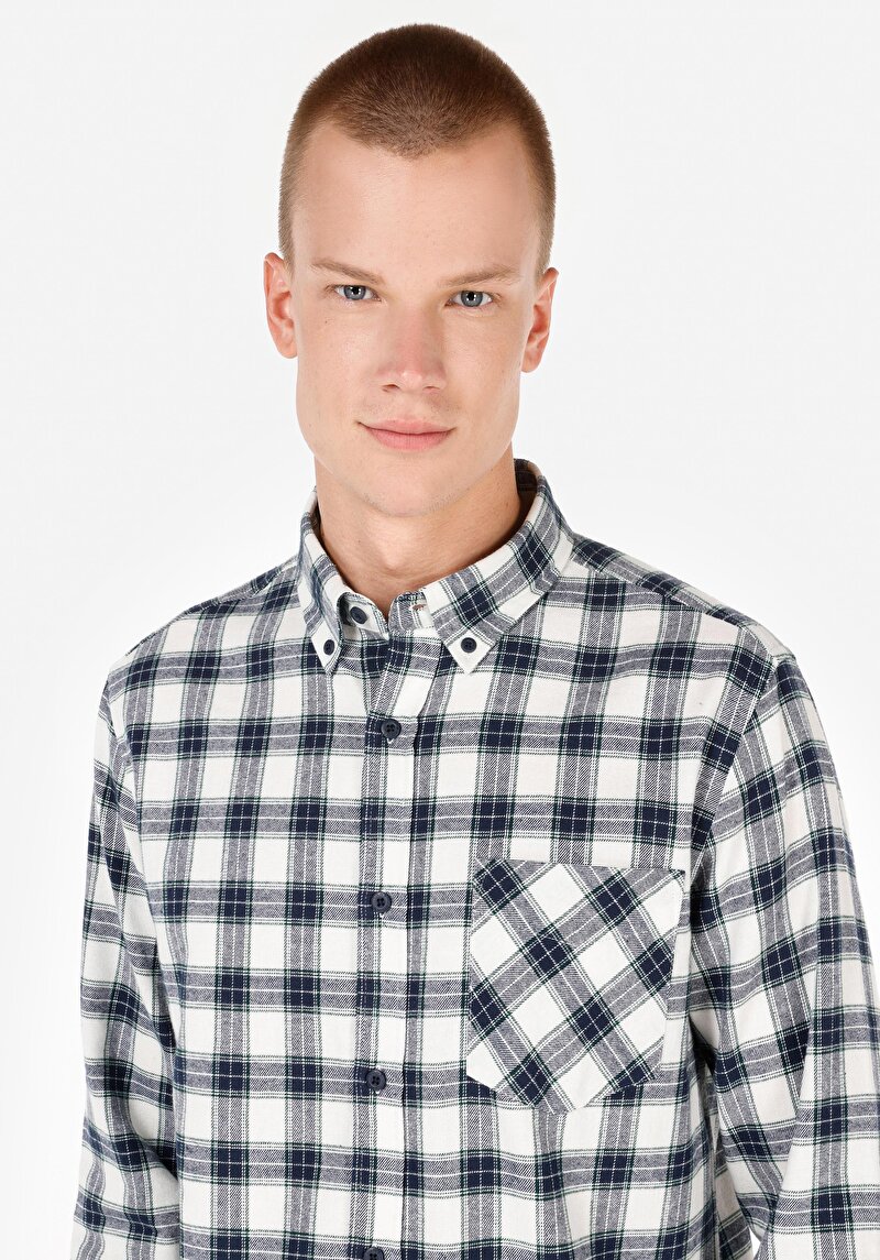 Slim Fit Klasik Yaka Ekoseli Erkek Lacivert Uzun Kol Gömlek