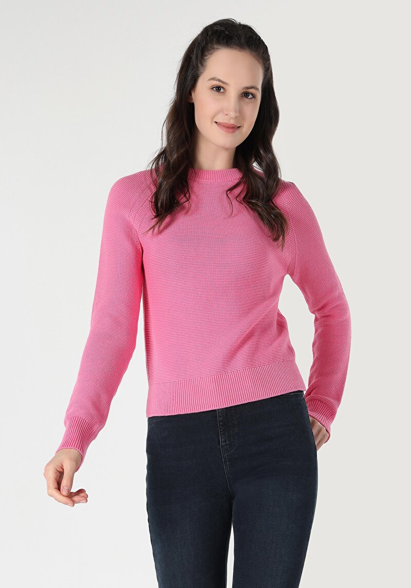 Regular Fit Yuvarlak Yaka Düz Kadın Pembe Kazak