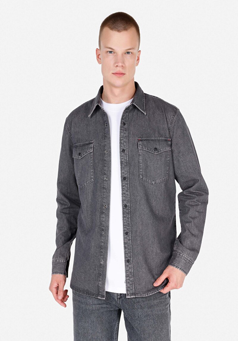 Regular Fit Klasik Yaka Cepli Erkek Mavi Uzun Kol Gömlek