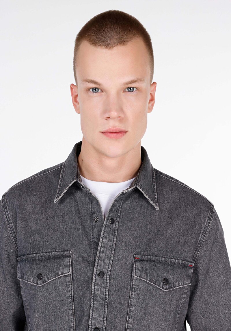 Regular Fit Klasik Yaka Cepli Erkek Mavi Uzun Kol Gömlek