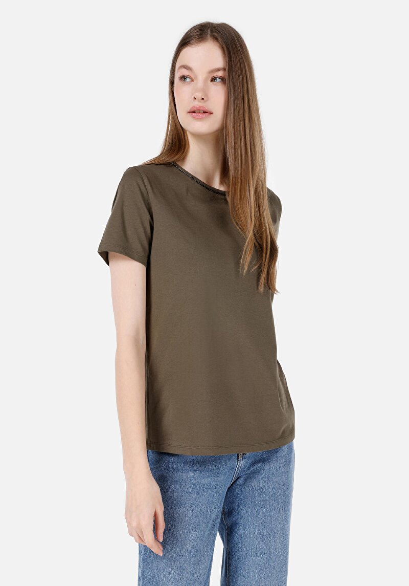 Regular Fit Yuvarlak Yaka Düz Cepsiz Kadın Yeşil Kısa Kol Tişört