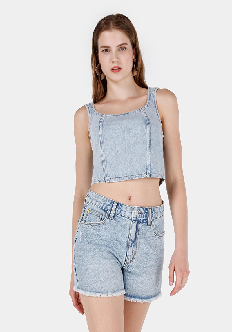 Slim Fit Yuvarlak Yaka Kolsuz Kadın Mavi Gömlek