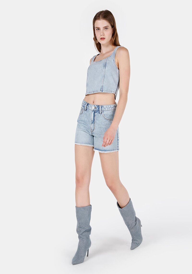 Slim Fit Yuvarlak Yaka Kolsuz Kadın Mavi Gömlek