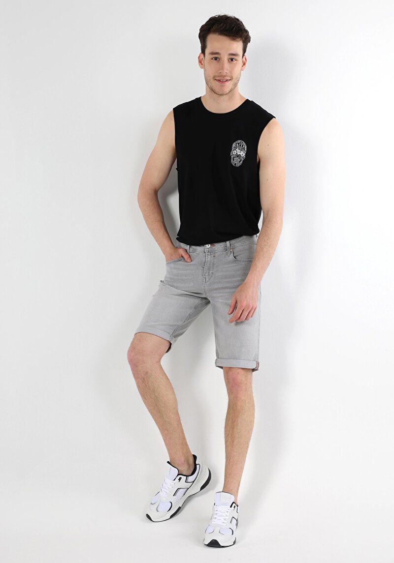 Straight Fit Düşük Bel Erkek Gri Jean Şort