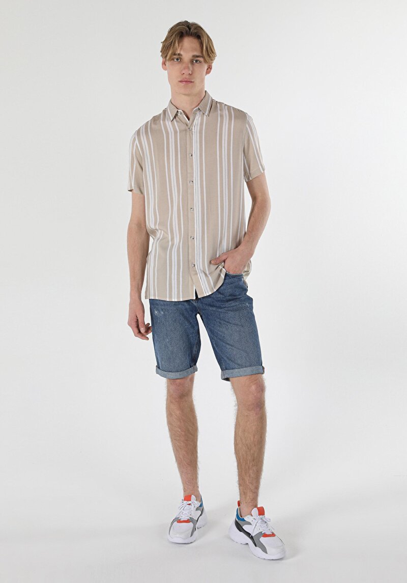 Regular Fit Shirt Neck Çizgili Erkek Bej Kısa Kol Gömlek