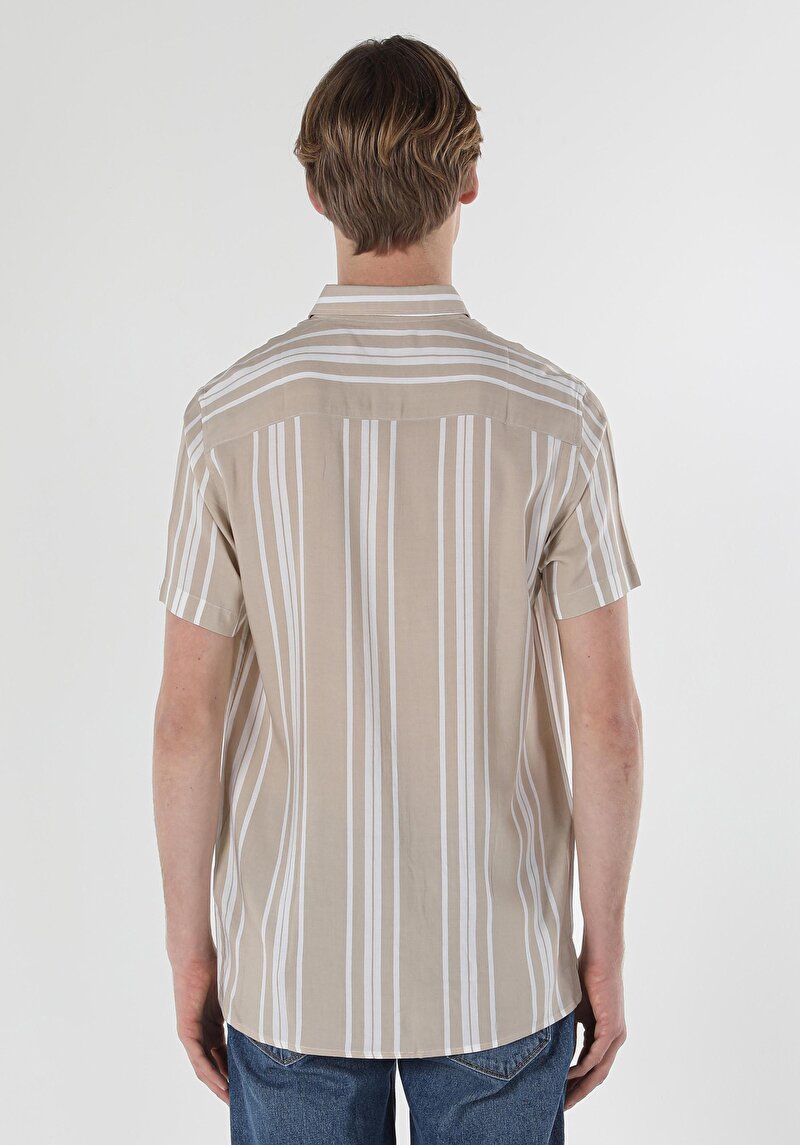Regular Fit Shirt Neck Çizgili Erkek Bej Kısa Kol Gömlek