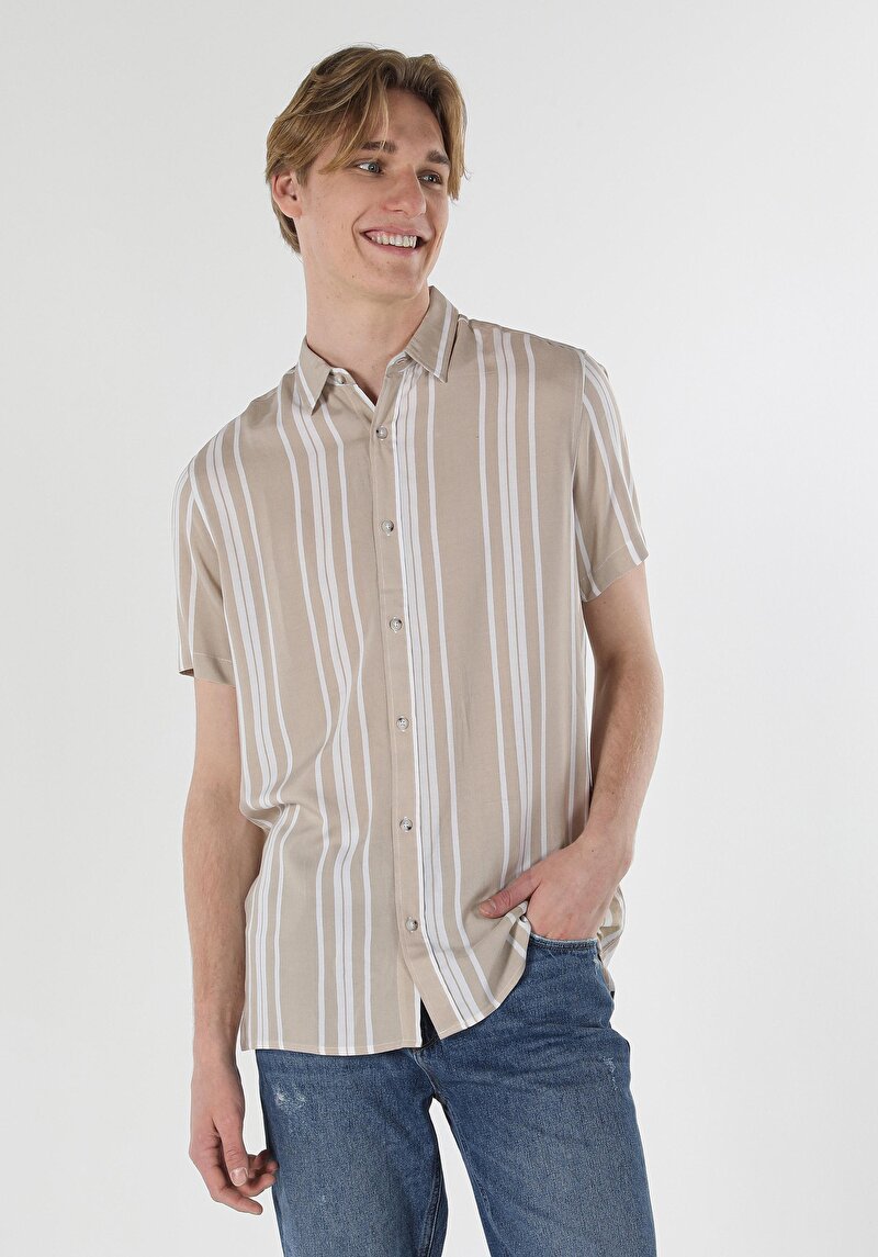 Regular Fit Shirt Neck Çizgili Erkek Bej Kısa Kol Gömlek