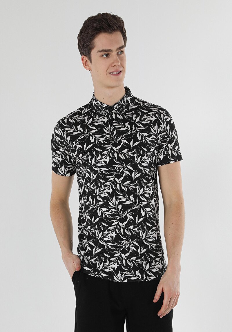 Slim Fit Polo Yaka Baskılı Erkek Siyah Kısa Kol Tişört