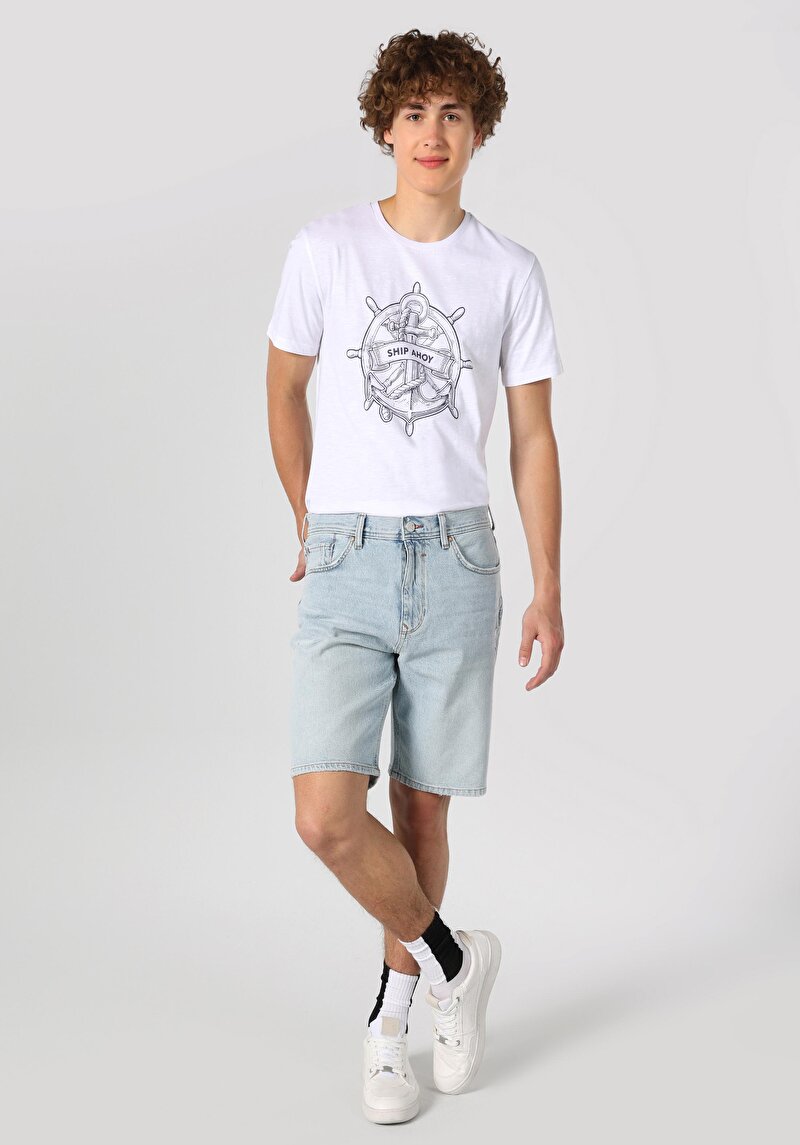 Baggy Fit Orta Bel Düz Erkek İndigo Jean Şort