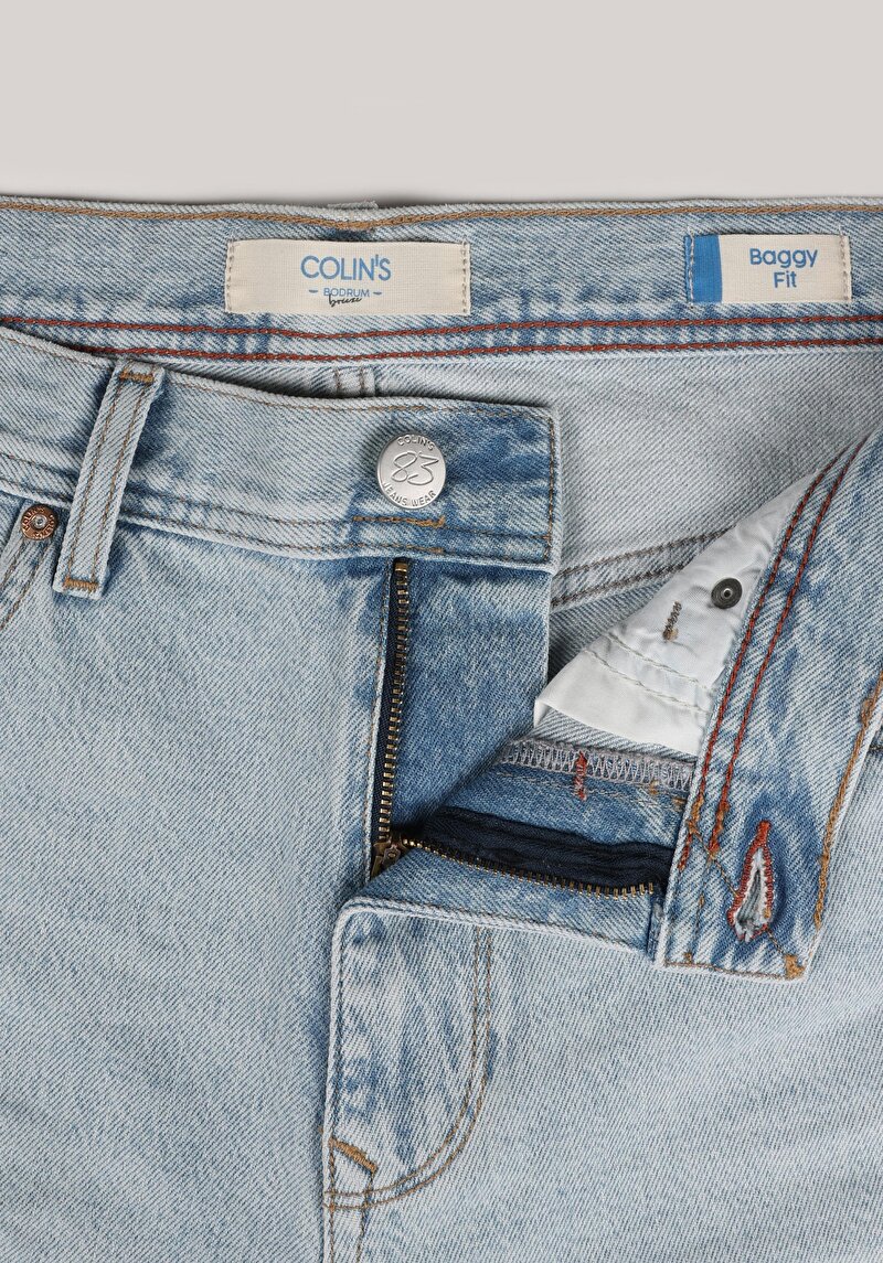 Baggy Fit Orta Bel Düz Erkek İndigo Jean Şort