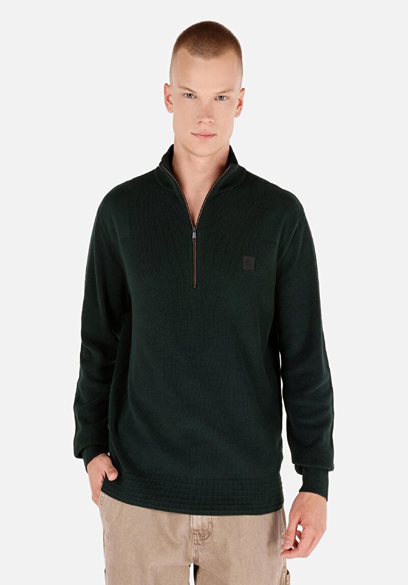 Regular Fit Dik Yaka Jakarlı Erkek Yeşil Kazak