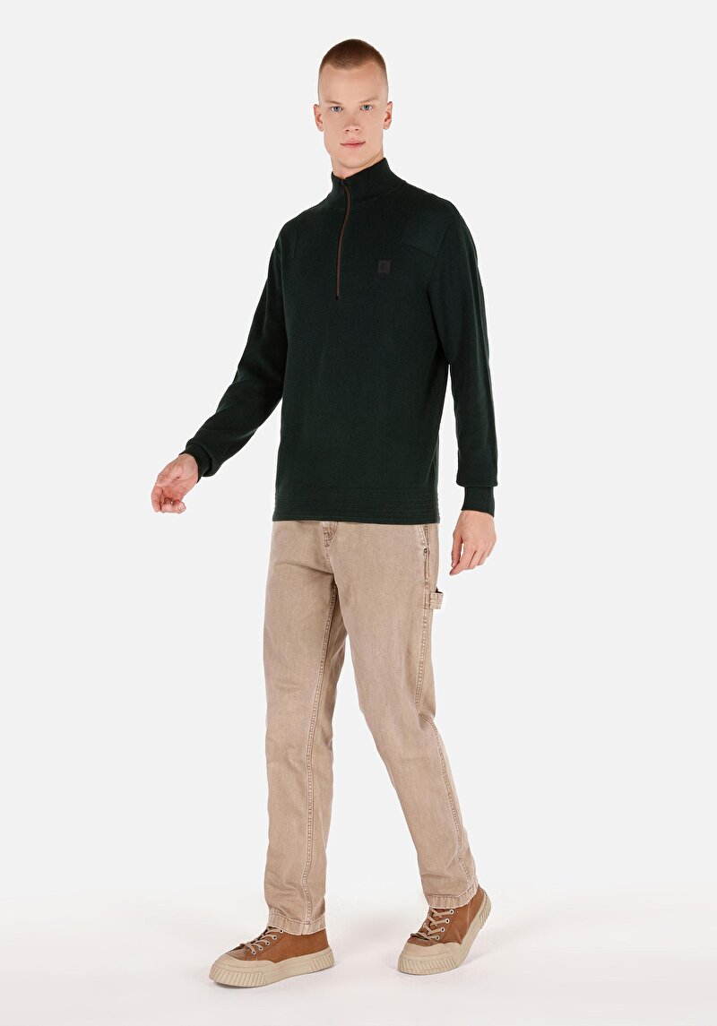 Regular Fit Dik Yaka Jakarlı Erkek Yeşil Kazak