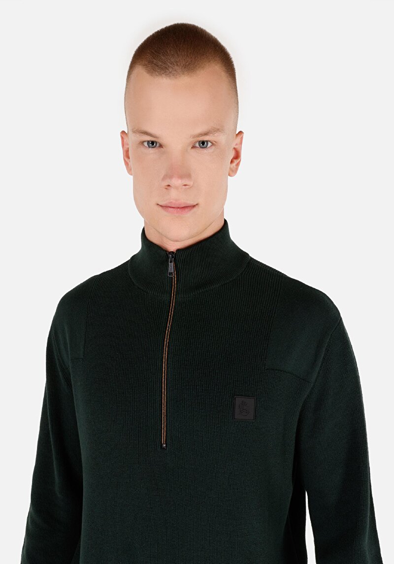 Regular Fit Dik Yaka Jakarlı Erkek Yeşil Kazak