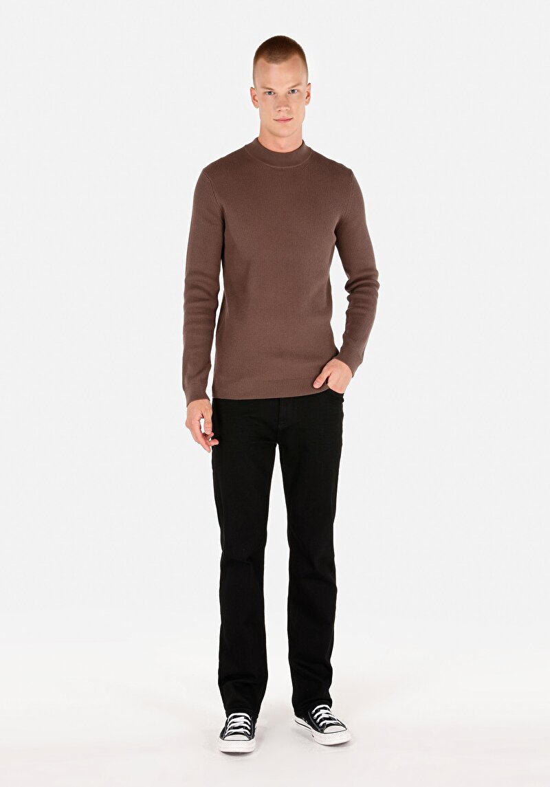 Slim Fit Dik Yaka Jakarlı Erkek Kahverengi Kazak