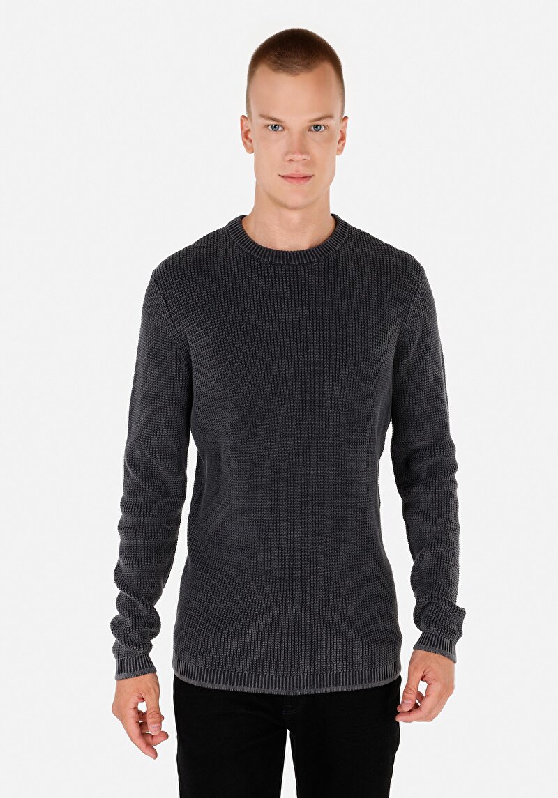 Regular Fit Pamuklu Yuvarlak Yaka Jakarlı Erkek Antrasit Kazak