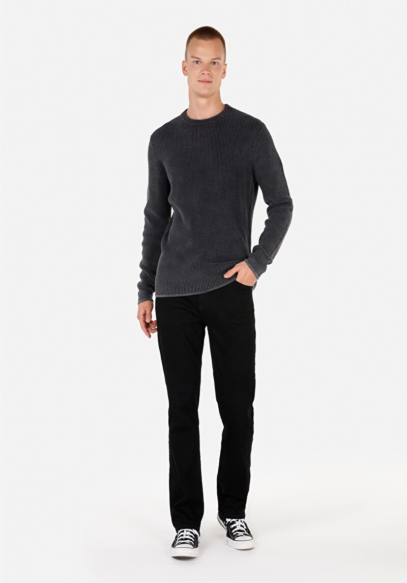 Regular Fit Pamuklu Yuvarlak Yaka Jakarlı Erkek Antrasit Kazak