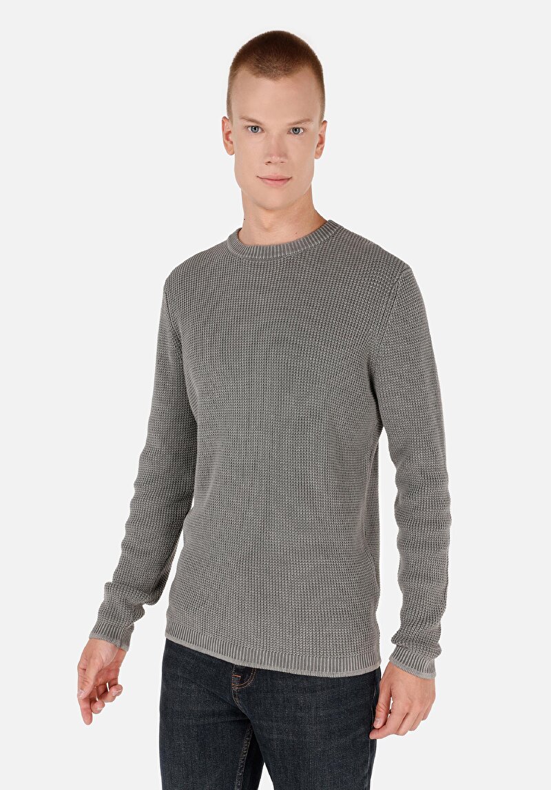 Regular Fit Pamuklu Yuvarlak Yaka Jakarlı Erkek Yeşil Kazak