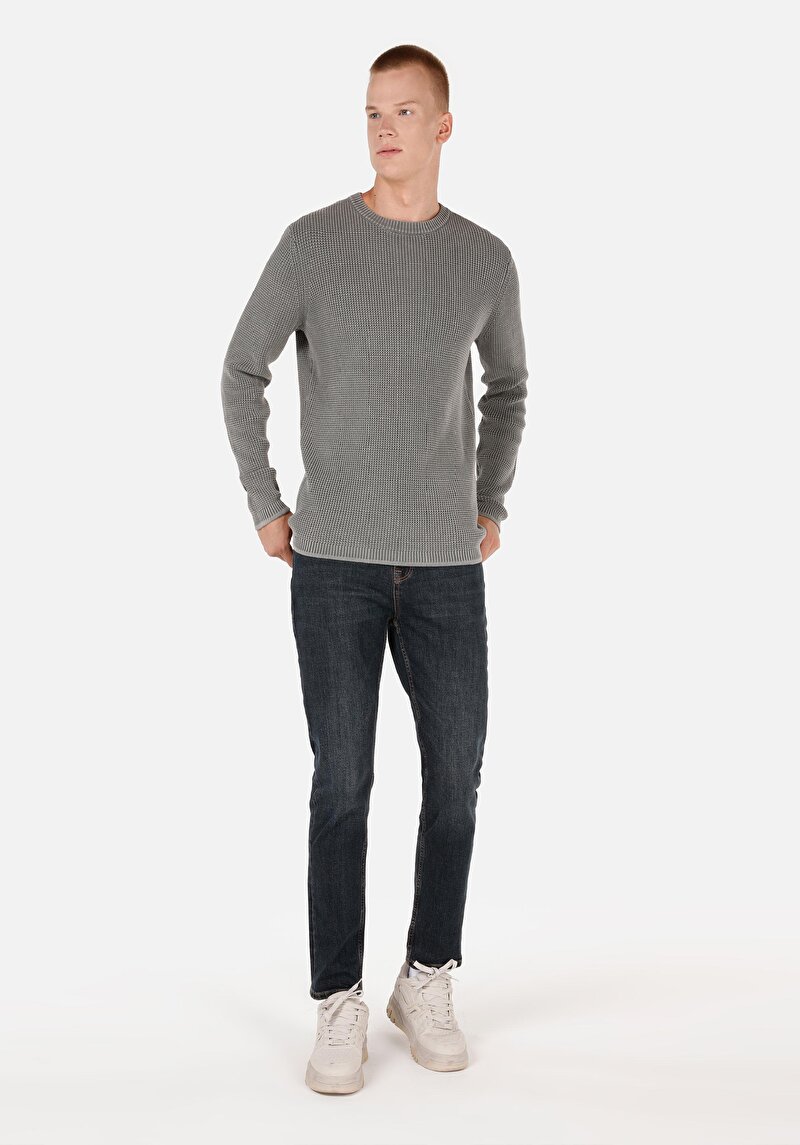 Regular Fit Pamuklu Yuvarlak Yaka Jakarlı Erkek Yeşil Kazak