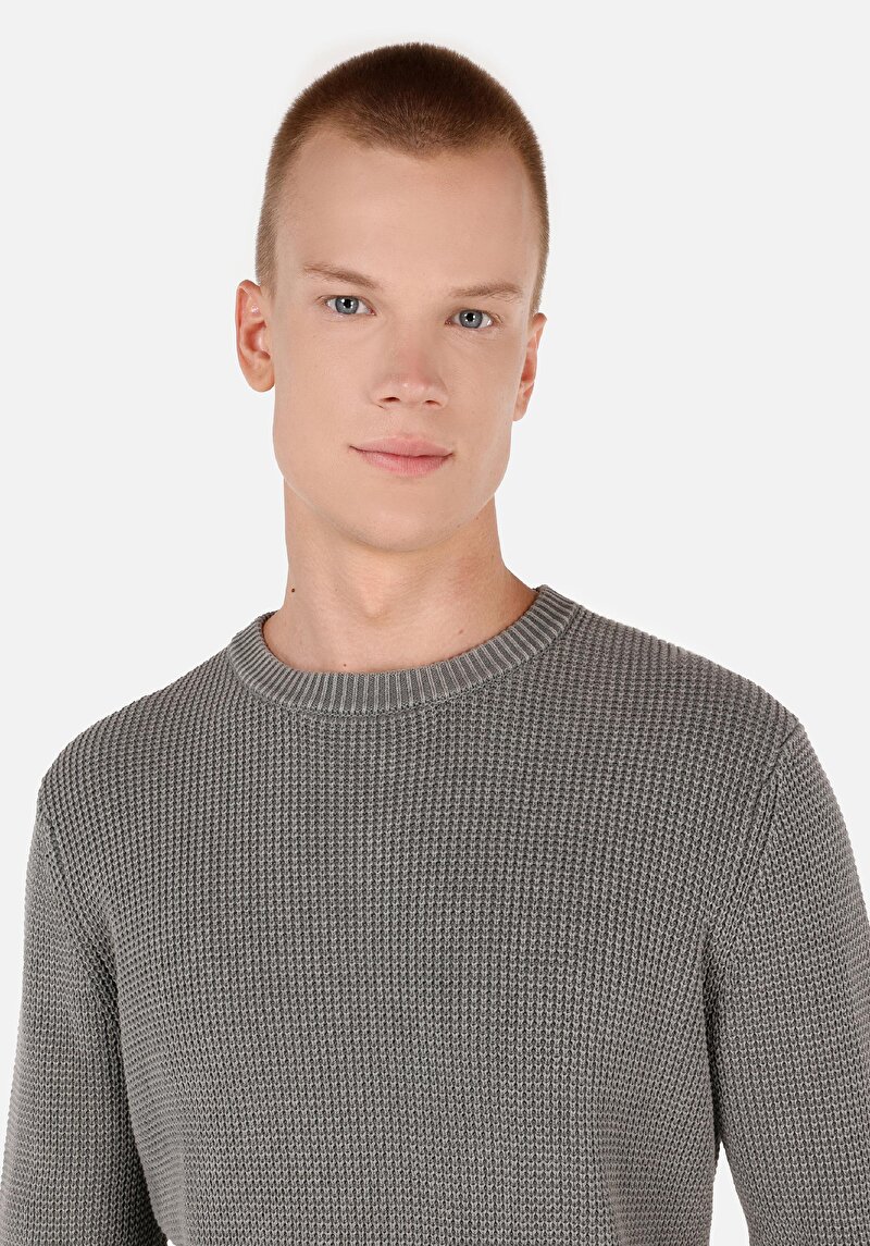 Regular Fit Pamuklu Yuvarlak Yaka Jakarlı Erkek Yeşil Kazak