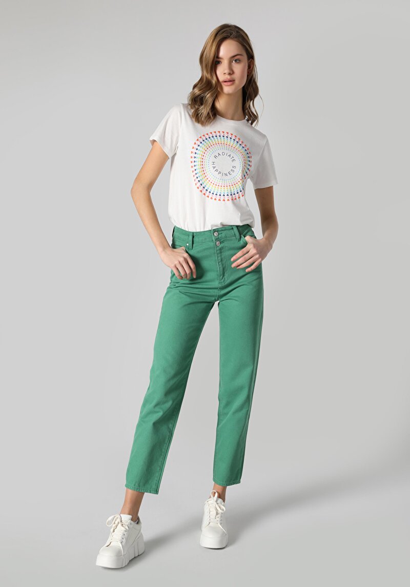 Regular Fit Yüksek Bel Düz Paça Kadın Yeşil Pantolon