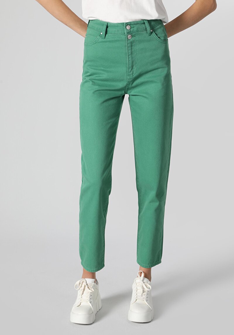 Regular Fit Yüksek Bel Düz Paça Kadın Yeşil Pantolon