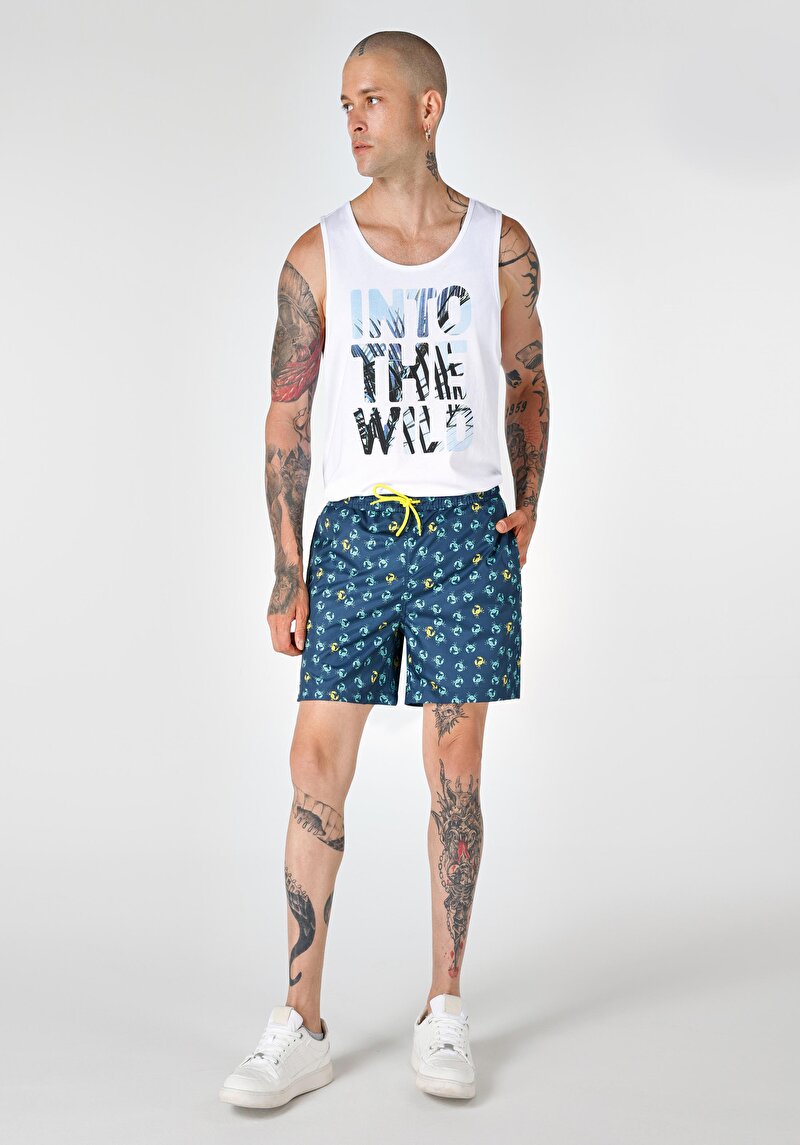 Slim Fit Astarlı Baskılı Erkek Lacivert Deniz Şortu
