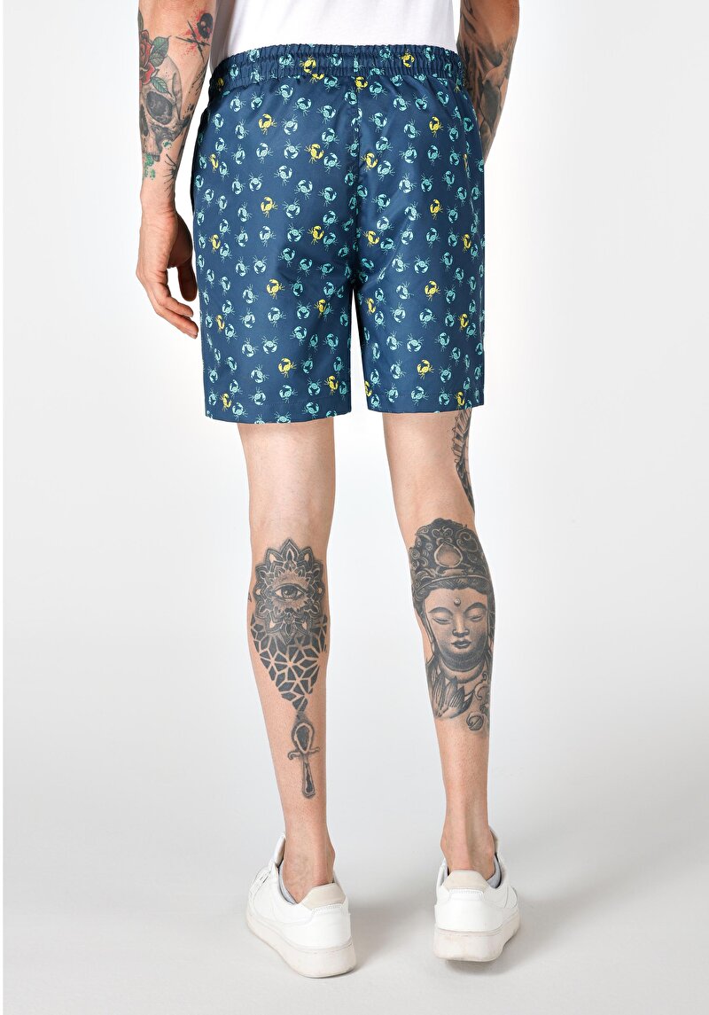 Slim Fit Astarlı Baskılı Erkek Lacivert Deniz Şortu