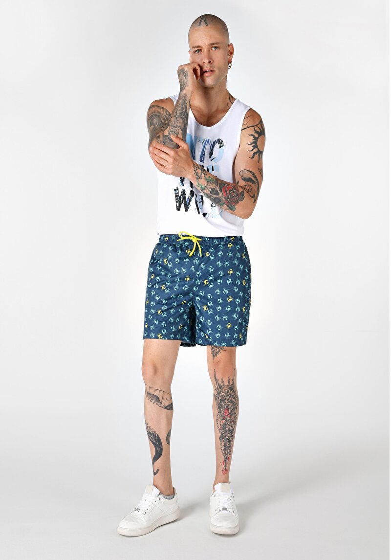Slim Fit Astarlı Baskılı Erkek Lacivert Deniz Şortu