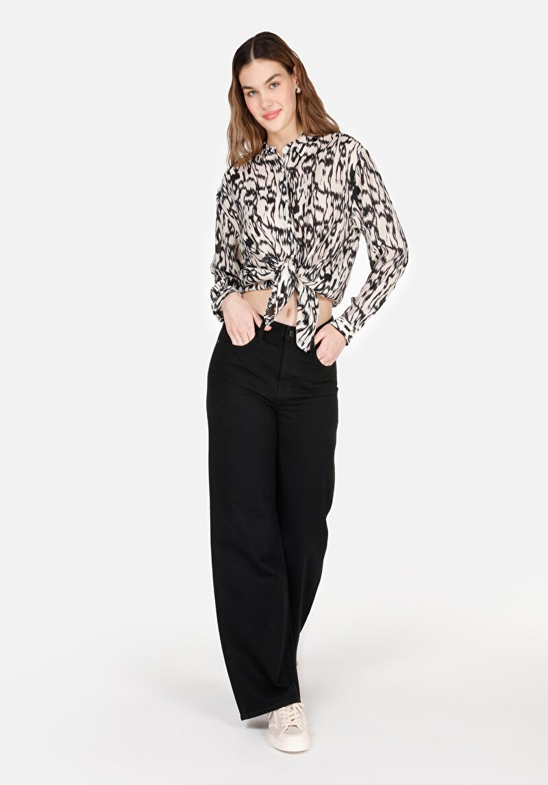 Regular Fit Yüksel Bel Geniş Paça Cepli Kadın Black Black Denim Jean Pantolon