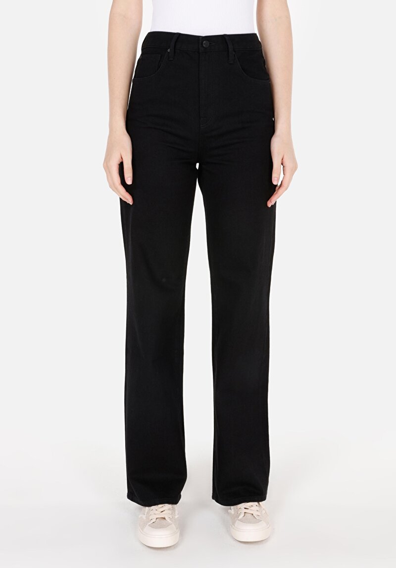 Regular Fit Yüksel Bel Geniş Paça Cepli Kadın Black Black Denim Jean Pantolon