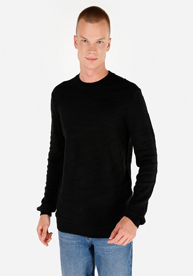 Regular Fit Yuvarlak Yaka Jakarlı Erkek Siyah Kazak